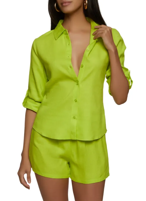 Linen Tabbed Sleeve Button Front Shirt sold by Rainbow