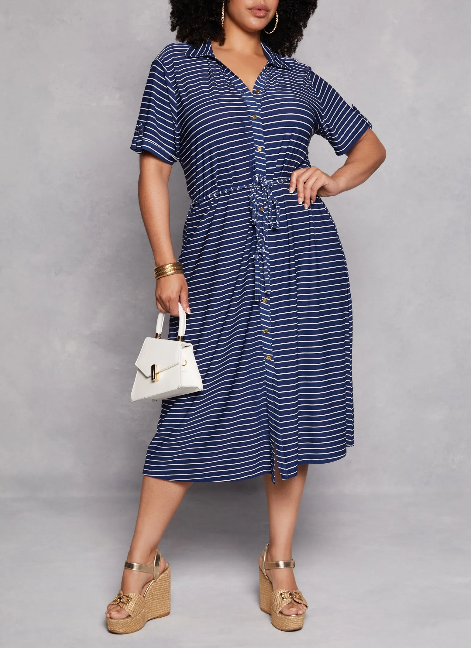 Plus Size Striped Tie Waist Belted Midi Shirt Dress sold by Rainbow