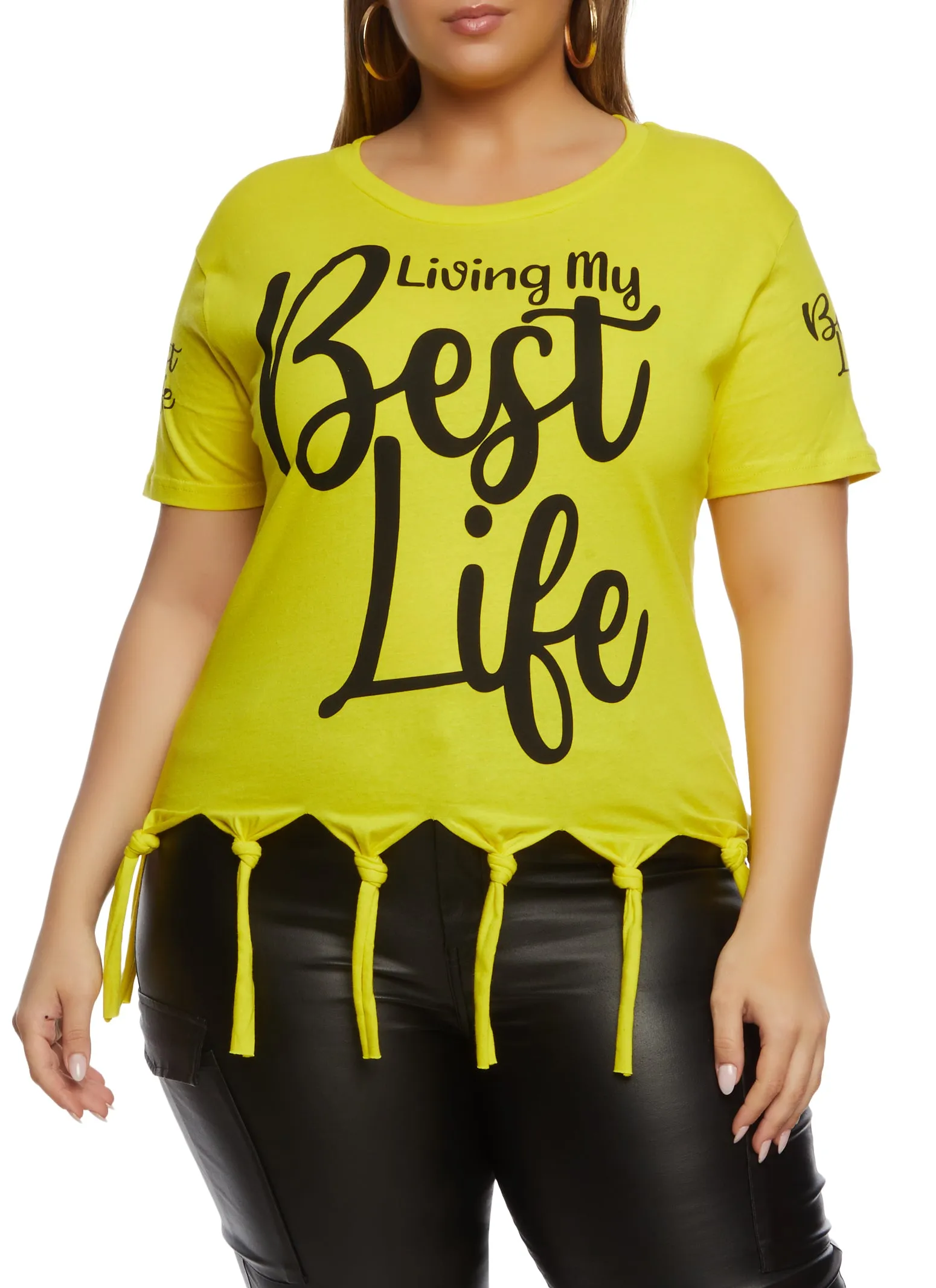 Plus Size Living My Best Life Knot Hem Graphic Tee sold by Rainbow