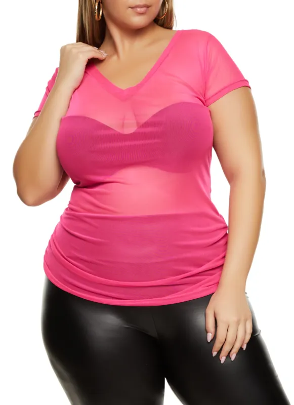 Plus Size Mesh Ruched V Neck Top sold by Rainbow
