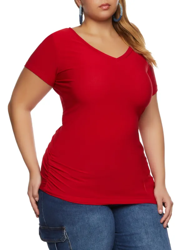 Plus Size Ruched Side V Neck T Shirt sold by Rainbow