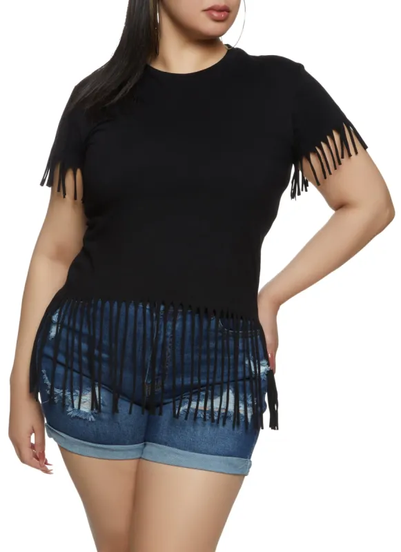 Plus Size Fringe Crew Neck T Shirt sold by Rainbow