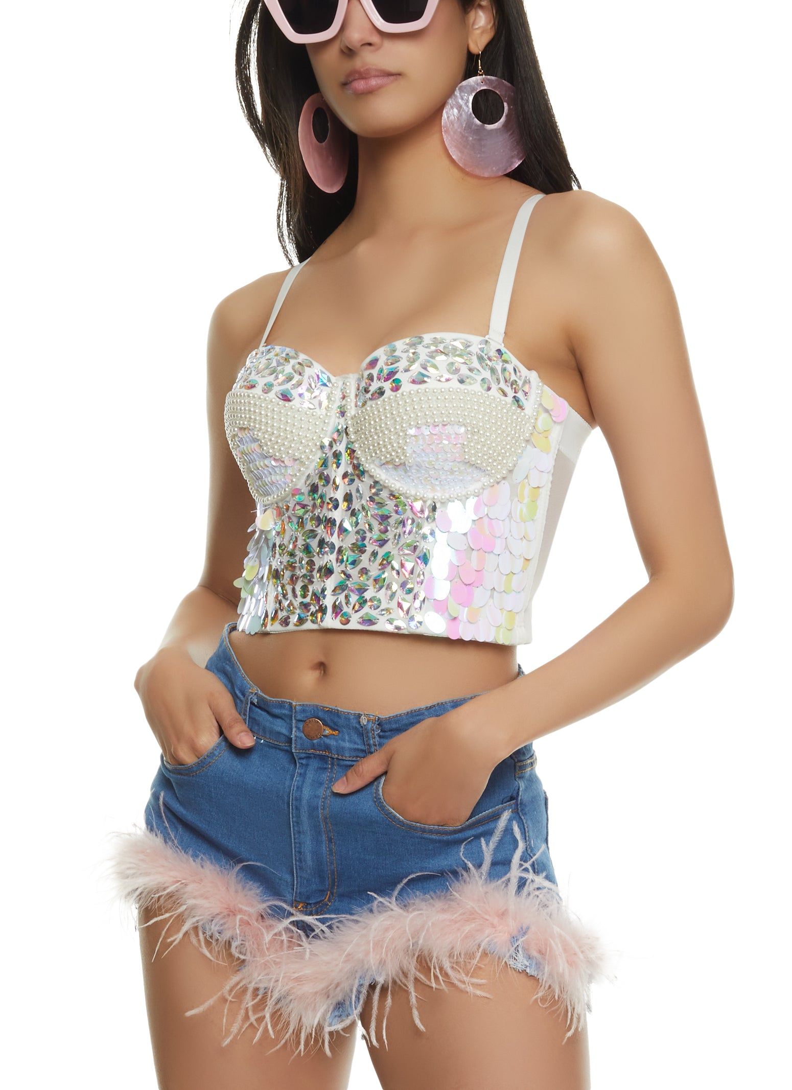 Gem Rhinestone Faux Pearl Studded Bustier Top sold by Rainbow