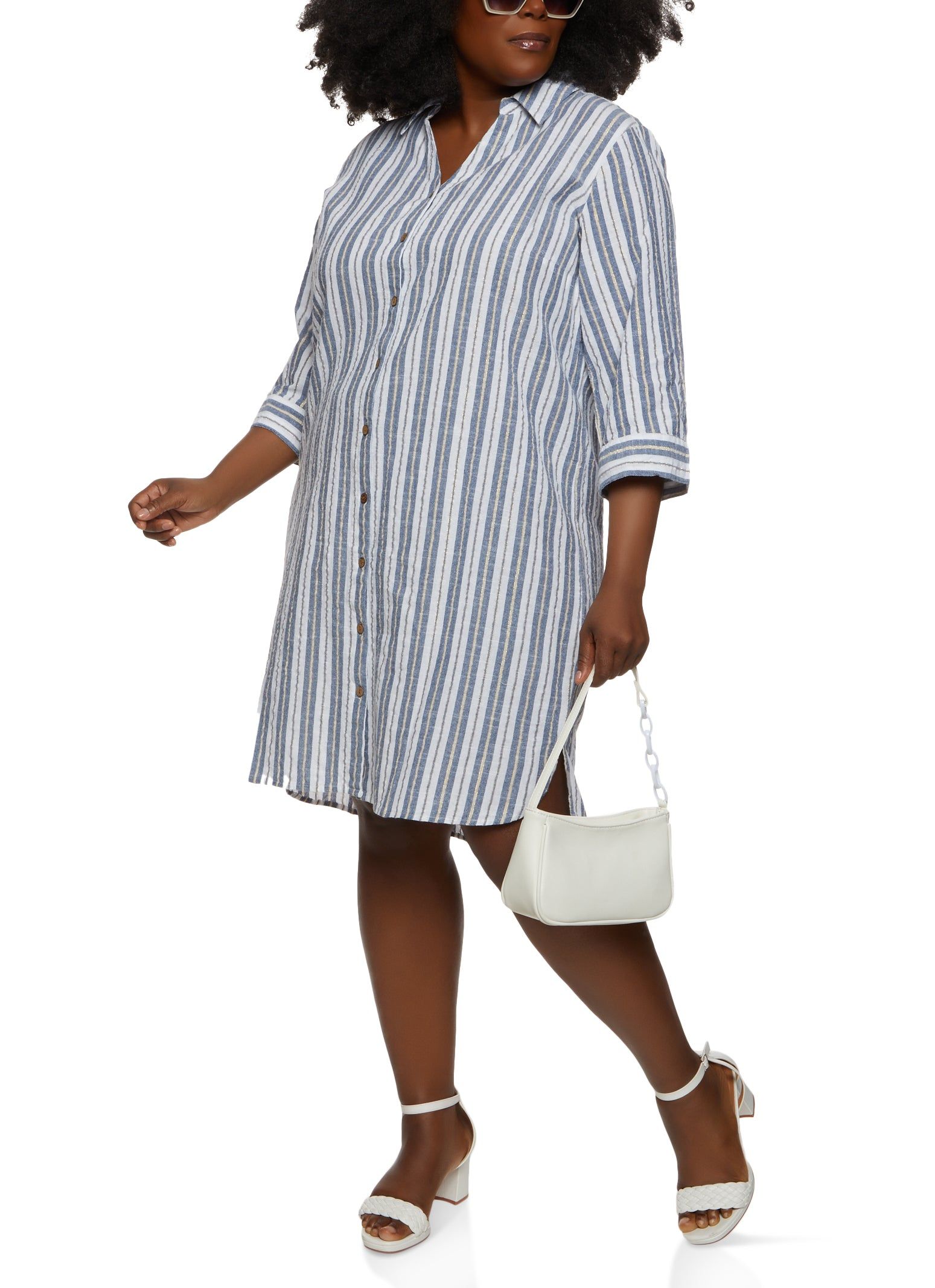 Plus Size Stripe Button Front Shirt Dress sold by Rainbow