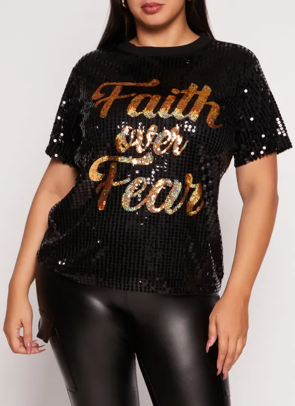 Plus Size Faith Over Fear Crew Neck Sequin Graphic Tee sold by Rainbow