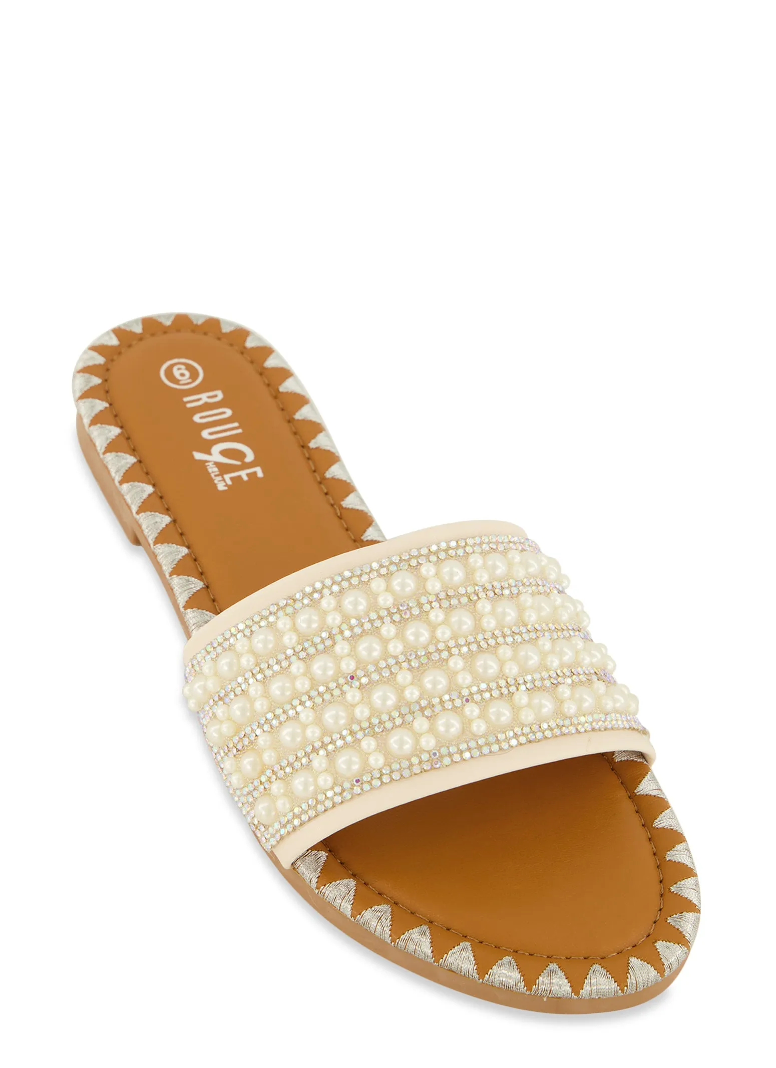 Faux Pearl Rhinestone Band Slide Sandals sold by Rainbow