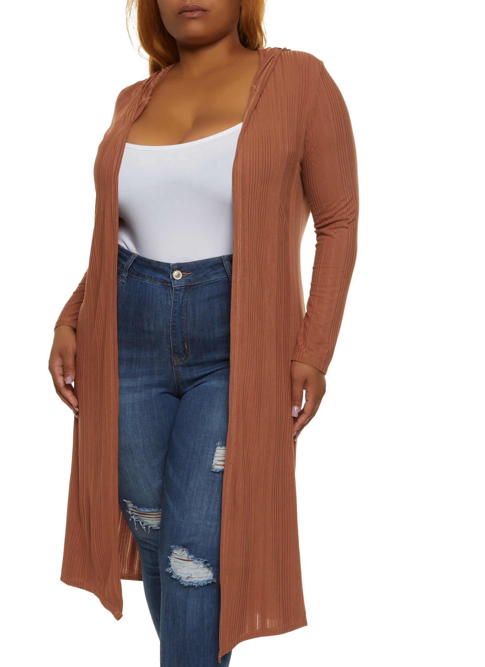 Plus Size Ribbed Knit Hooded Duster sold by Rainbow