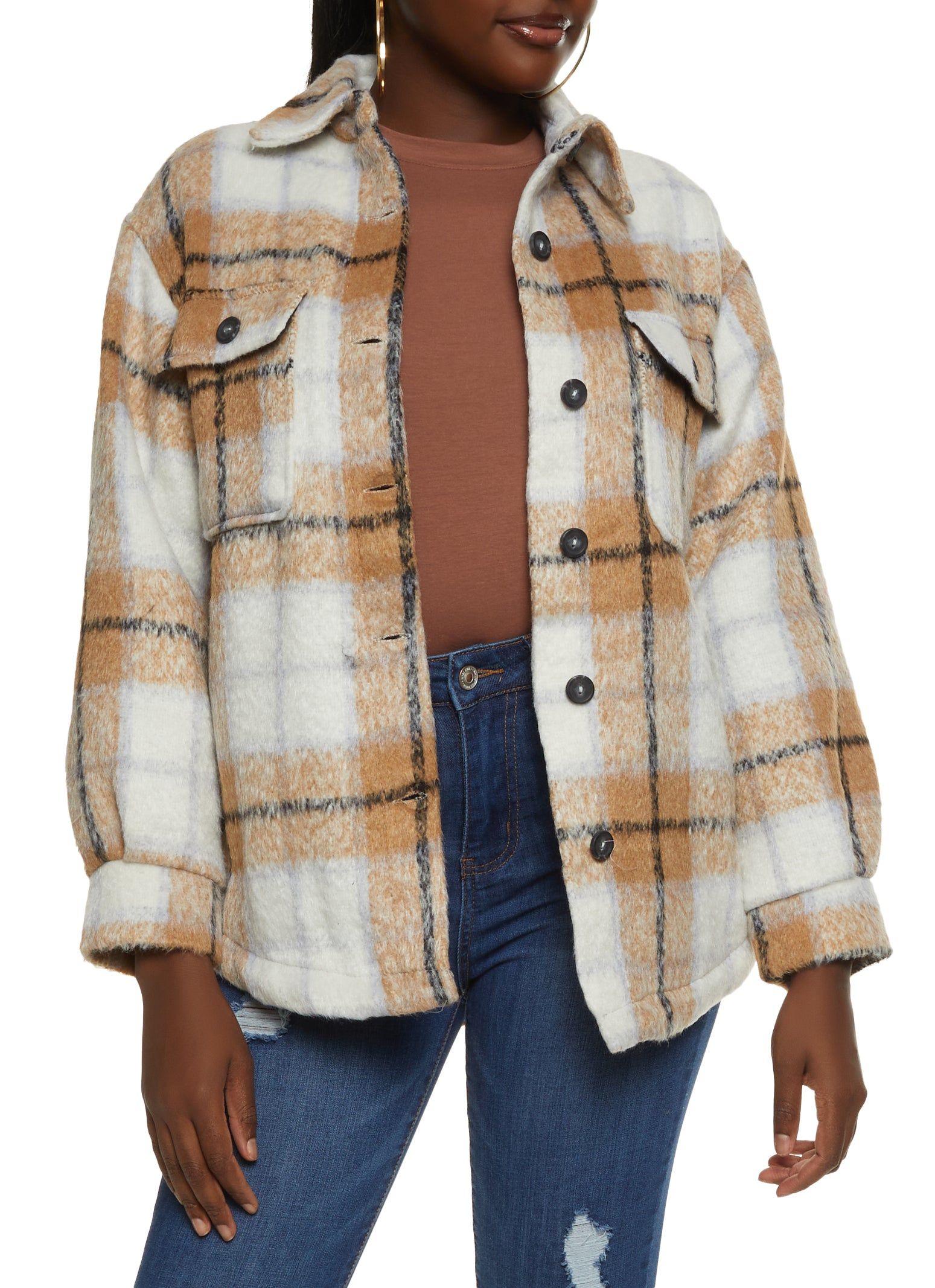 Plaid Button Front Shacket sold by Rainbow