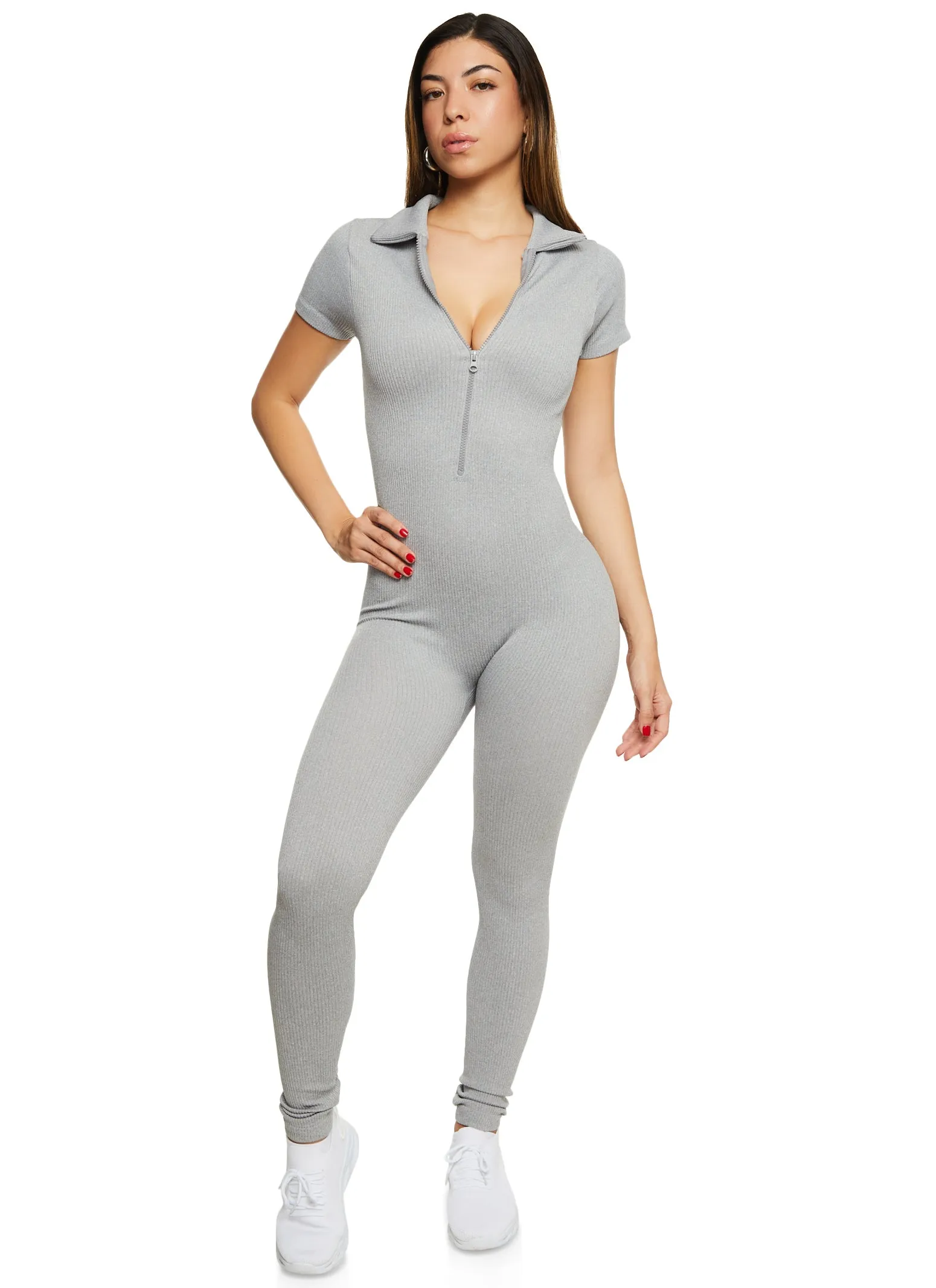 Seamless Ribbed Collared Zip Front Jumpsuit sold by Rainbow