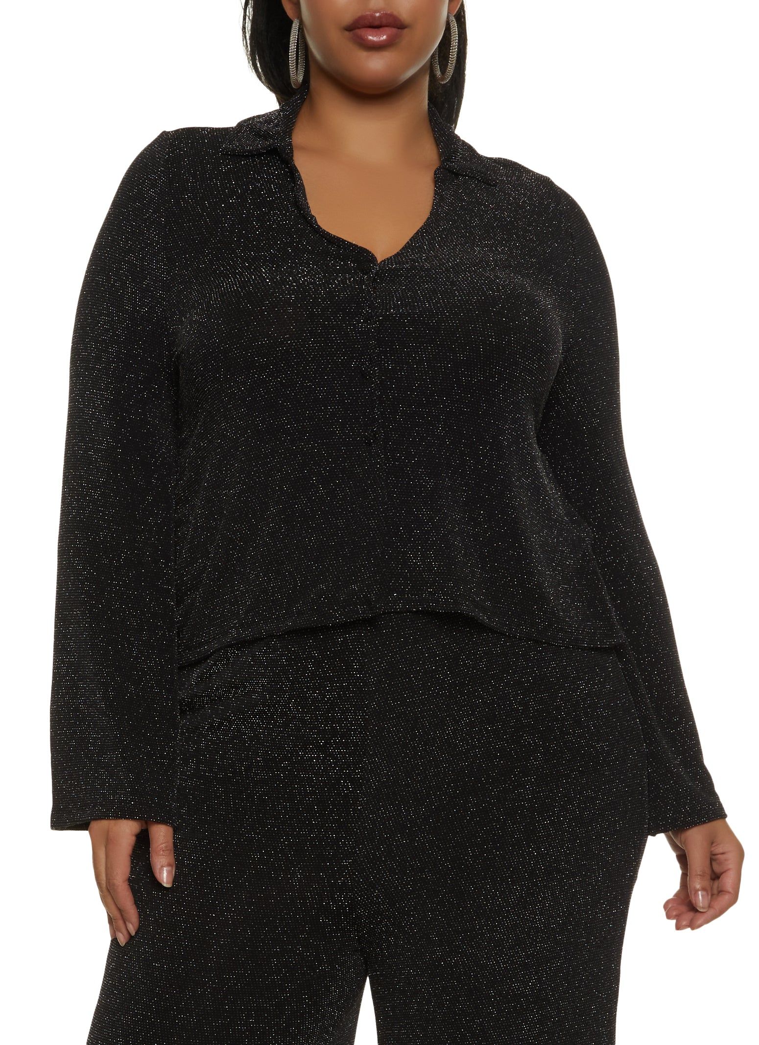 Plus Size Lurex Button Front Shirt sold by Rainbow