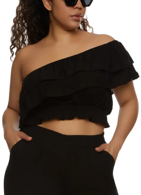 Plus Size Tiered Ruffled One Shoulder Crop Top sold by Rainbow