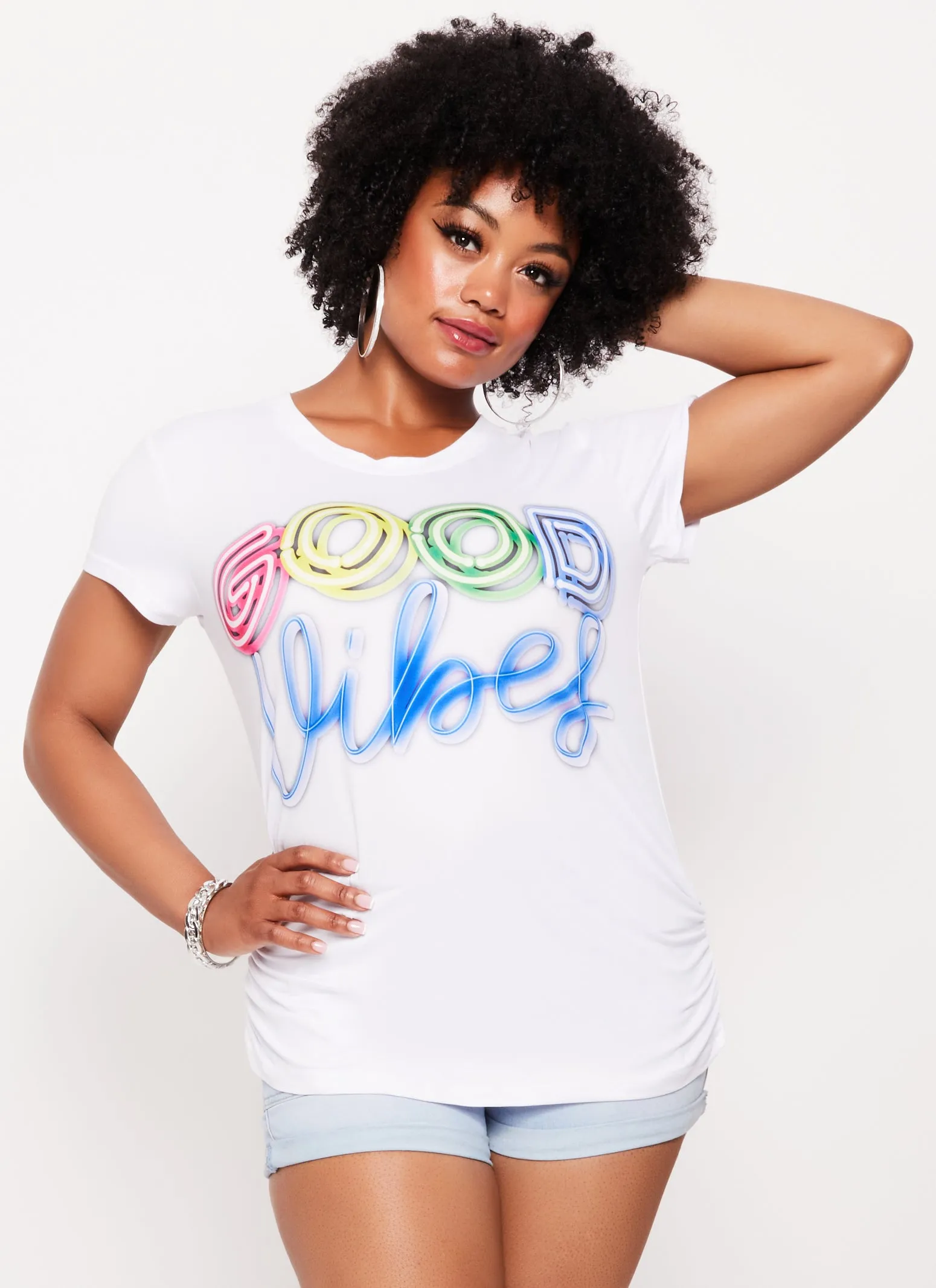 Plus Size Good Vibes Ruched Graphic Tee sold by Rainbow