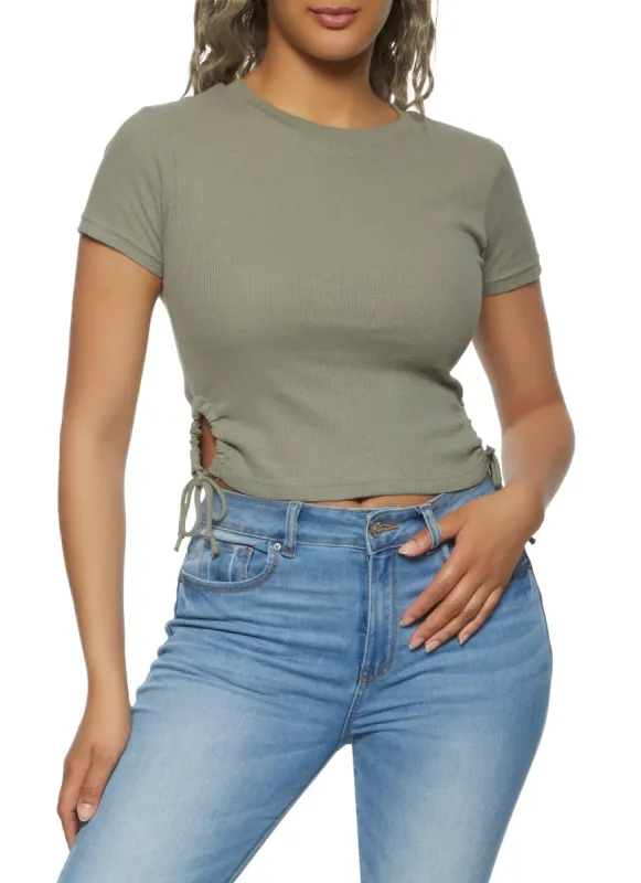 Side Drawstring Keyhole Cropped Tee sold by Rainbow