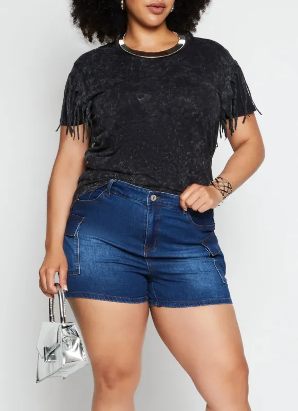 Plus Size Fringe Short Sleeve Acid Wash Tee sold by Rainbow