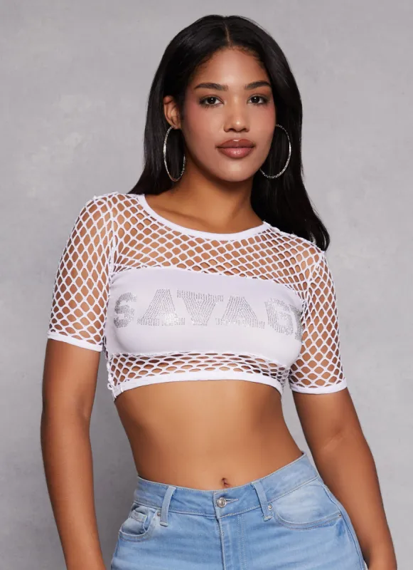 Savage Rhinestone Fishnet Crop Top sold by Rainbow