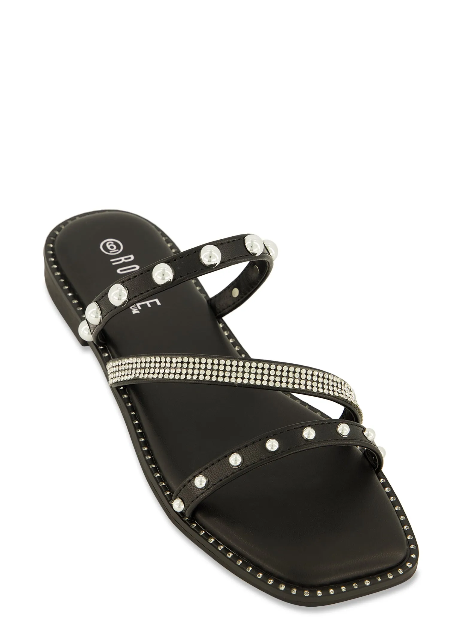 Rhinestone Studded Asymmetrical Strap Slide Sandals sold by Rainbow