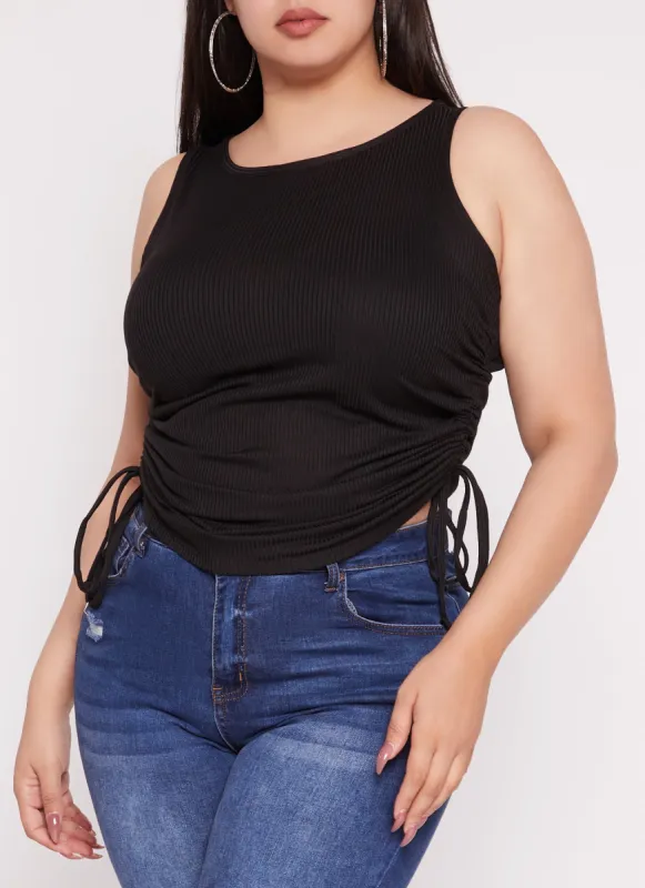 Plus Size Rib Knit Ruched Side Tank Top sold by Rainbow