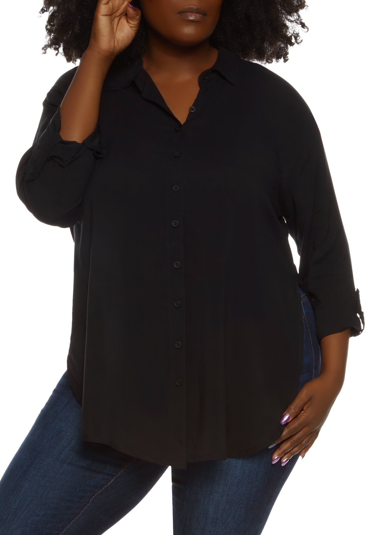 Plus Size Solid Button Front Tunic Shirt sold by Rainbow