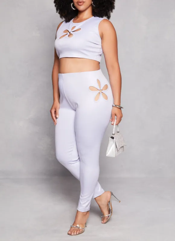 Plus Size Leather Look Flower Keyhole Leggings sold by Rainbow