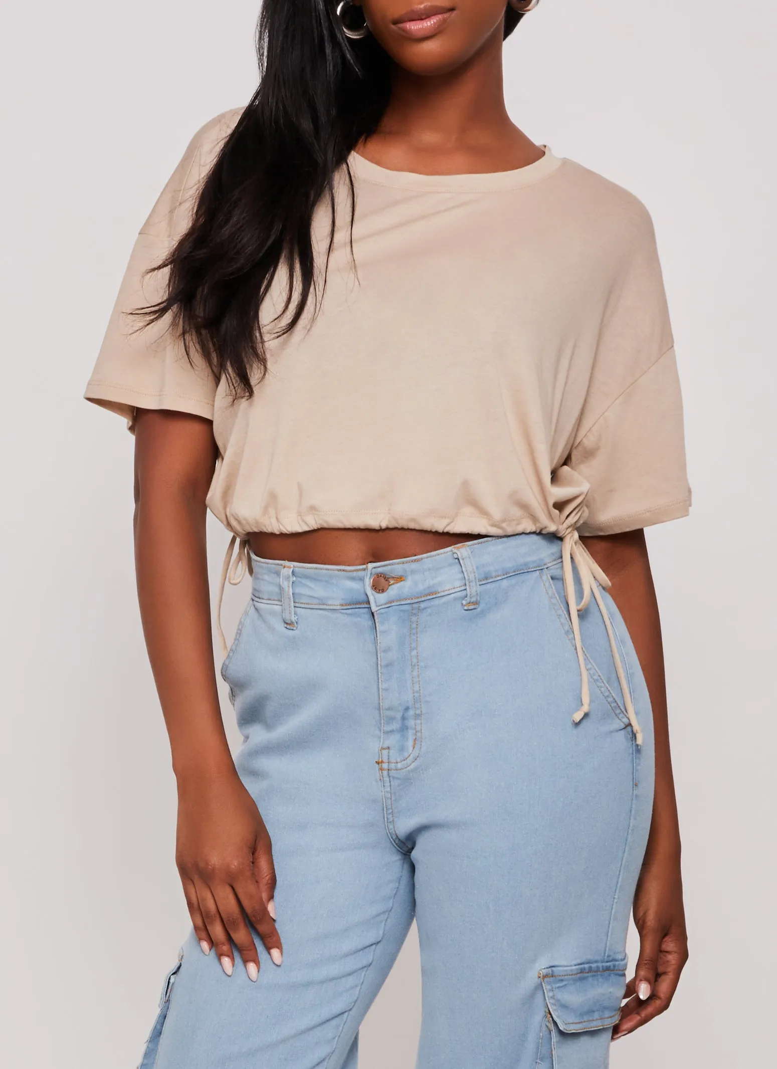 Solid Crew Neck Drawstring Hem Top sold by Rainbow