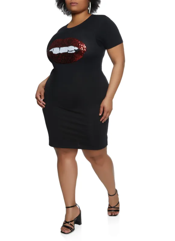 Plus Size Lips Sequin Graphic T Shirt Dress sold by Rainbow