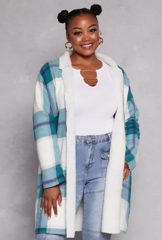 Plus Size Plaid Sherpa Lined Open Front Long Shacket sold by Rainbow