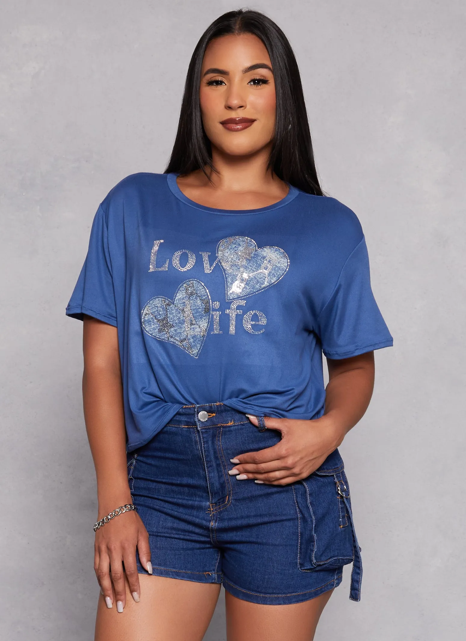 Love Life Patch Rhinestone Graphic Tee sold by Rainbow