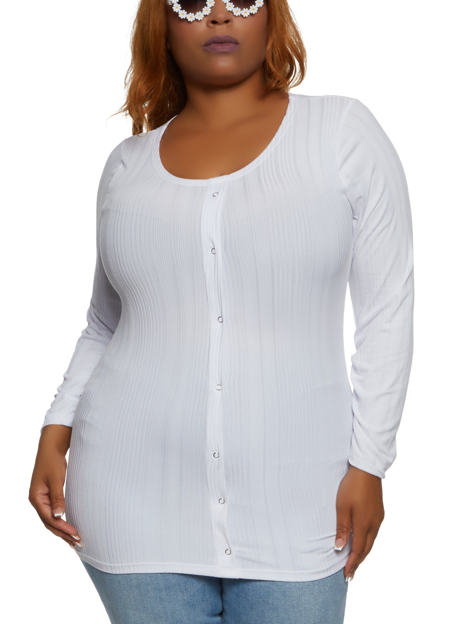 Plus Size Ribbed Snap Button Front Crew Neck Top sold by Rainbow