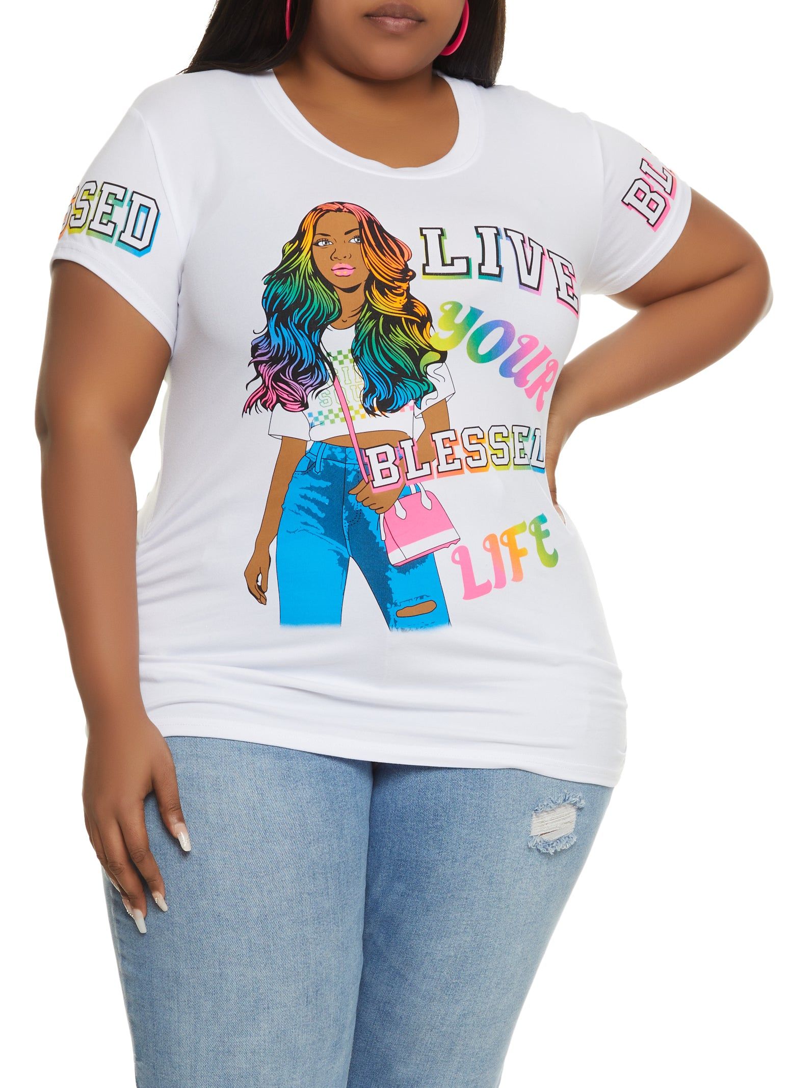 Plus Size Live Your Blessed Life Ruched Graphic Tee sold by Rainbow