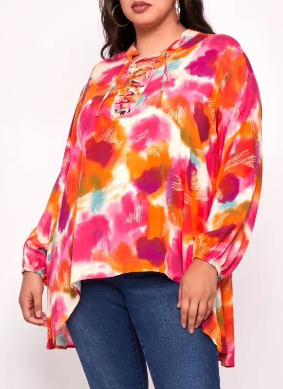 Plus Size Printed Lace Up Notch Neck High Low Top made by Rainbow