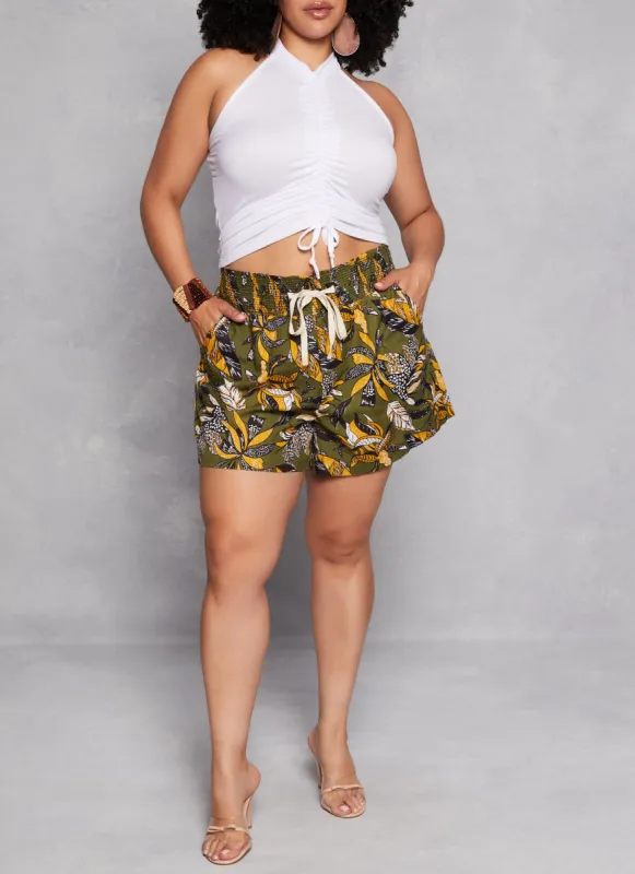 Plus Size Linen Floral Print Smocked Faux Drawstring Shorts sold by Rainbow