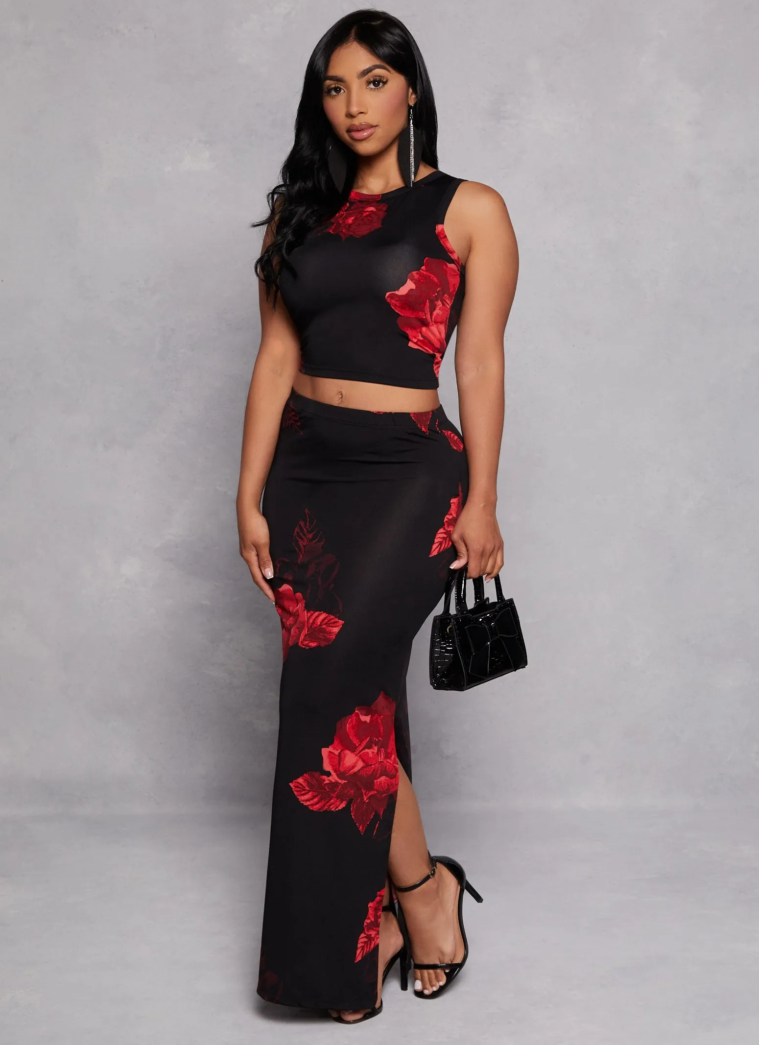 Rose Print Cropped Tank Top and Maxi Skirt sold by Rainbow