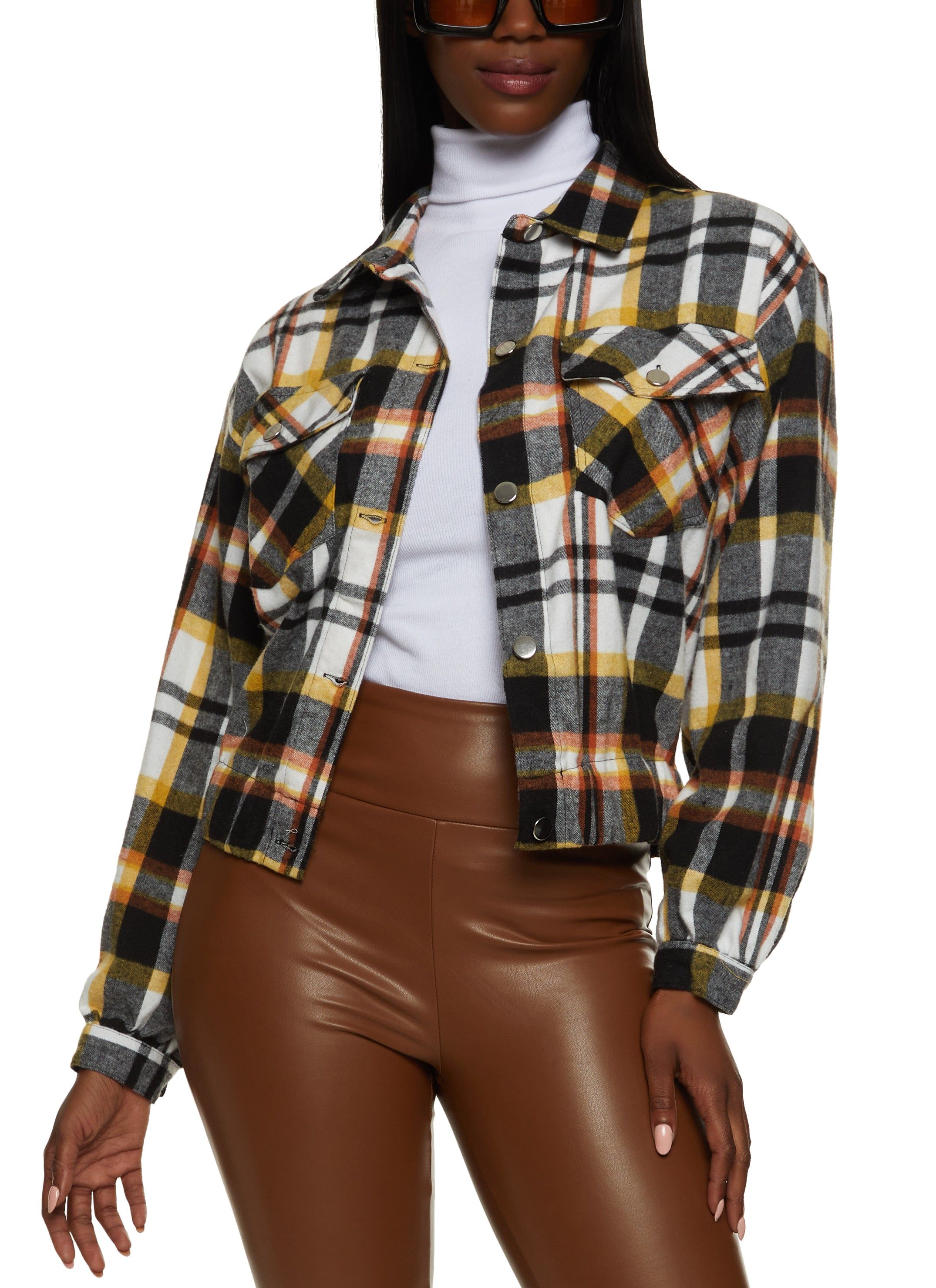 Plaid Button Front Pocket Detail Shacket sold by Rainbow