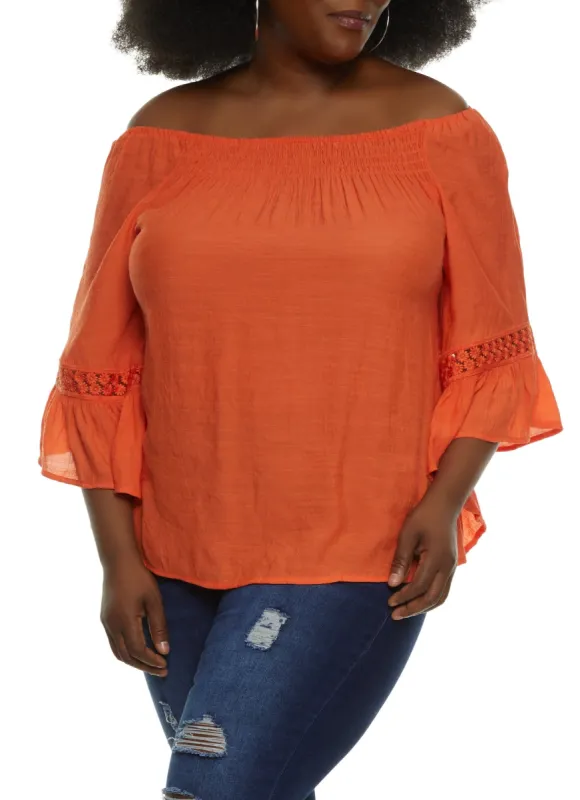 Plus Size Daisy Crochet Detail Bell Sleeve Blouse sold by Rainbow