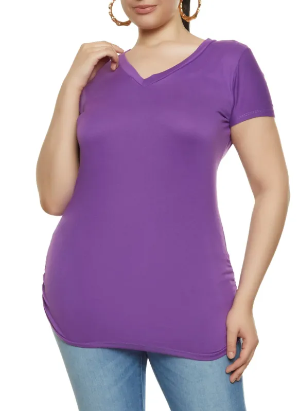 Plus Size Basic Ruched V Neck Tee sold by Rainbow