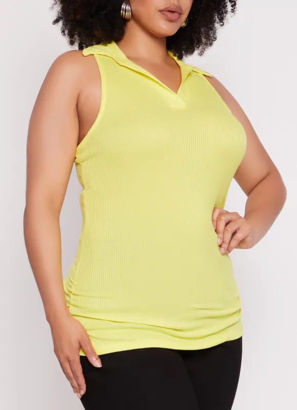 Plus Size Sleeveless Rib Knit Collared Top sold by Rainbow