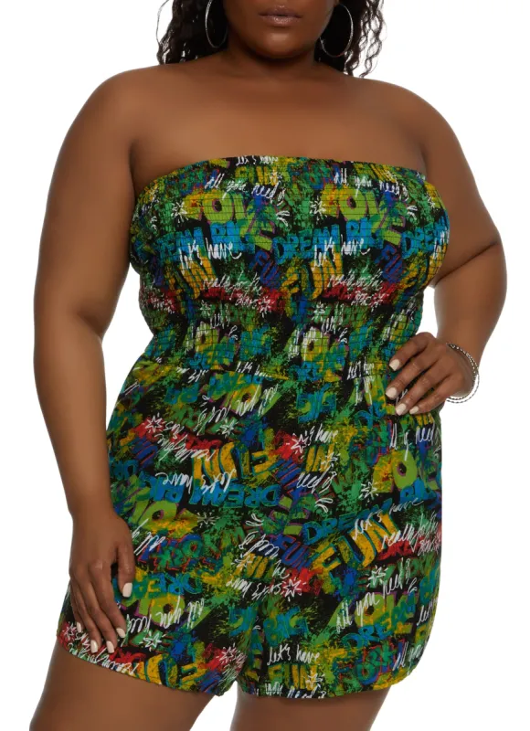Plus Size Graffiti Print Strapless Romper sold by Rainbow