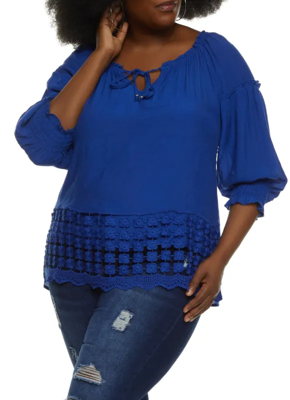 Plus Size Crochet Detail Tie Front Peasant Top sold by Rainbow