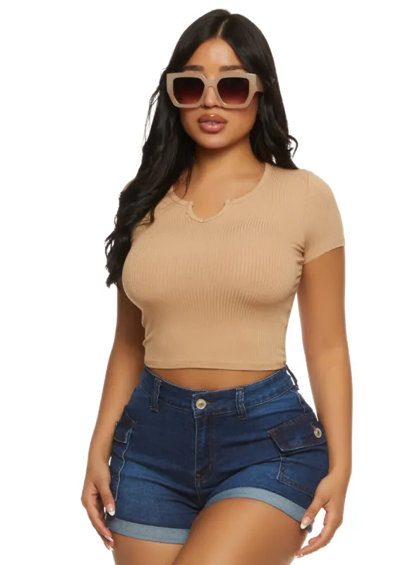 Basic Ribbed Notch Neck Tee sold by Rainbow