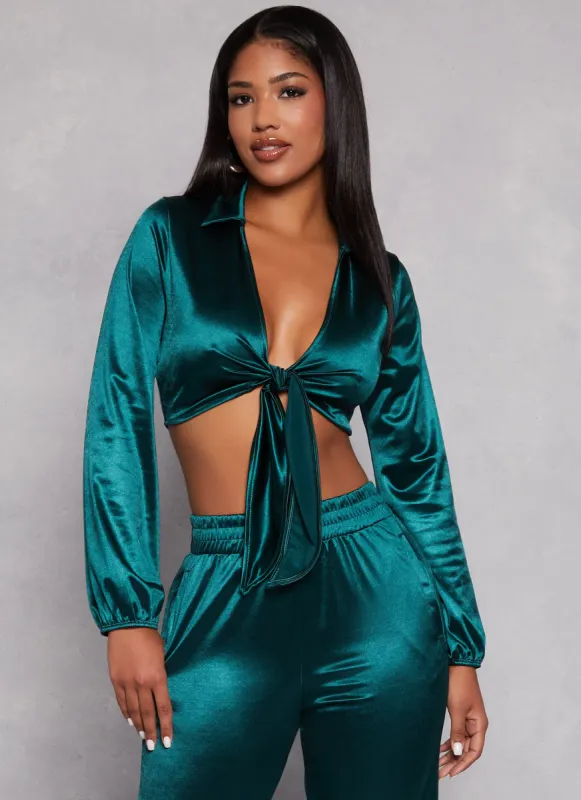 Satin Tie Front Long Sleeve Crop Top sold by Rainbow