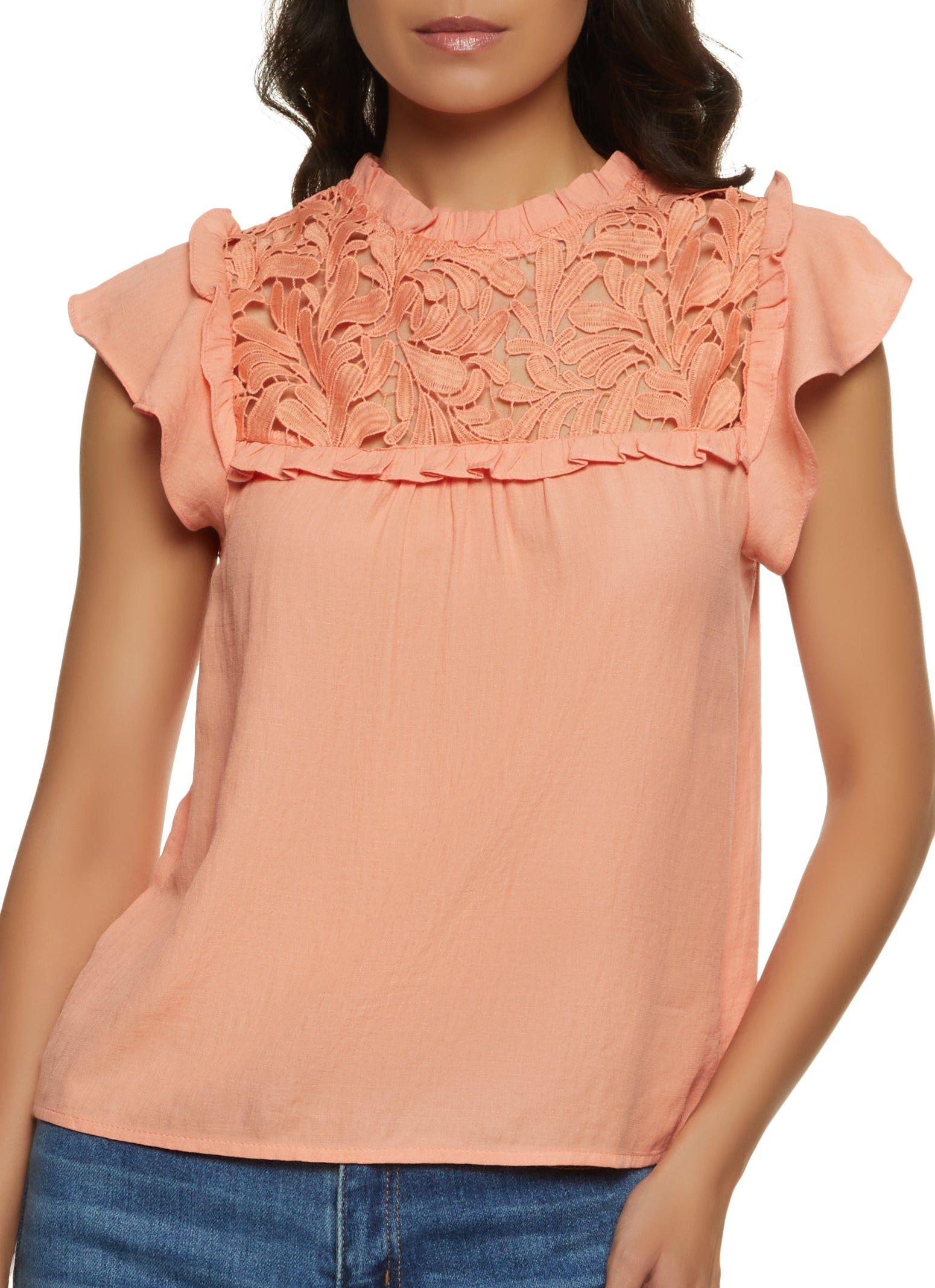 Crochet Detail Ruffle Trim Blouse sold by Rainbow