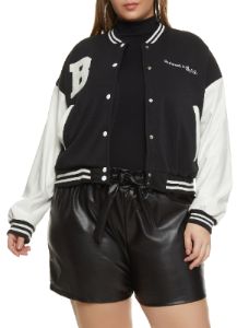 Plus Size B Initial Chenille Patch Varsity Jacket sold by Rainbow