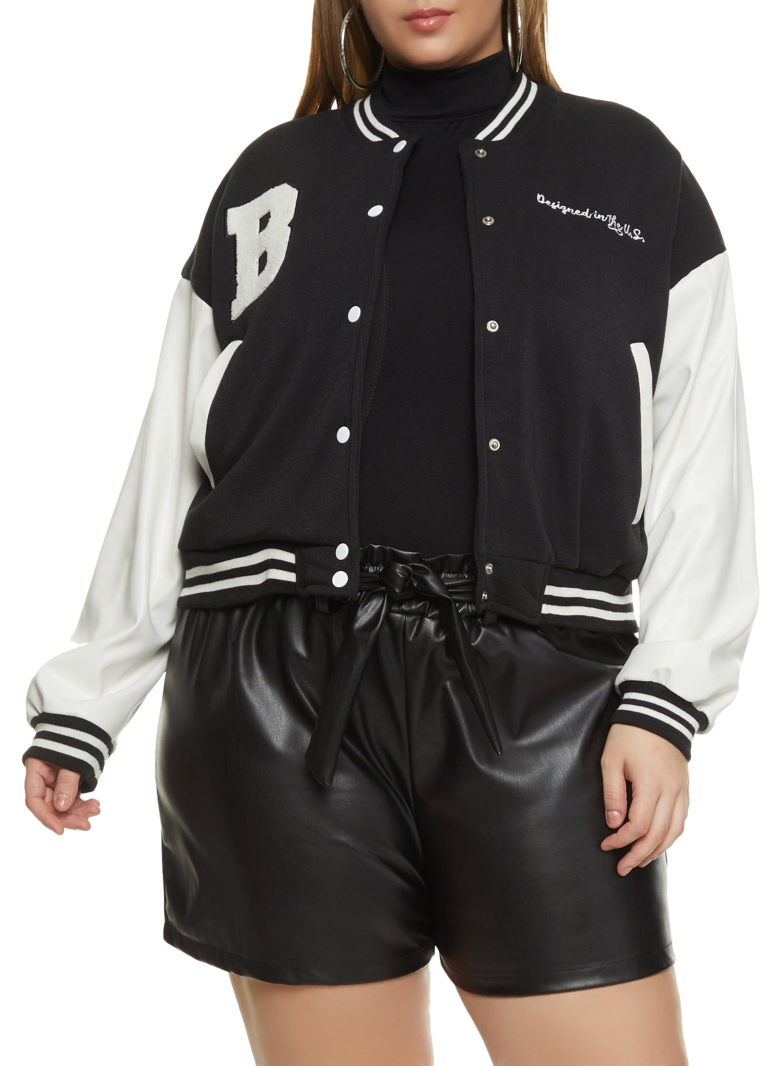 Plus Size B Initial Chenille Patch Varsity Jacket sold by Rainbow