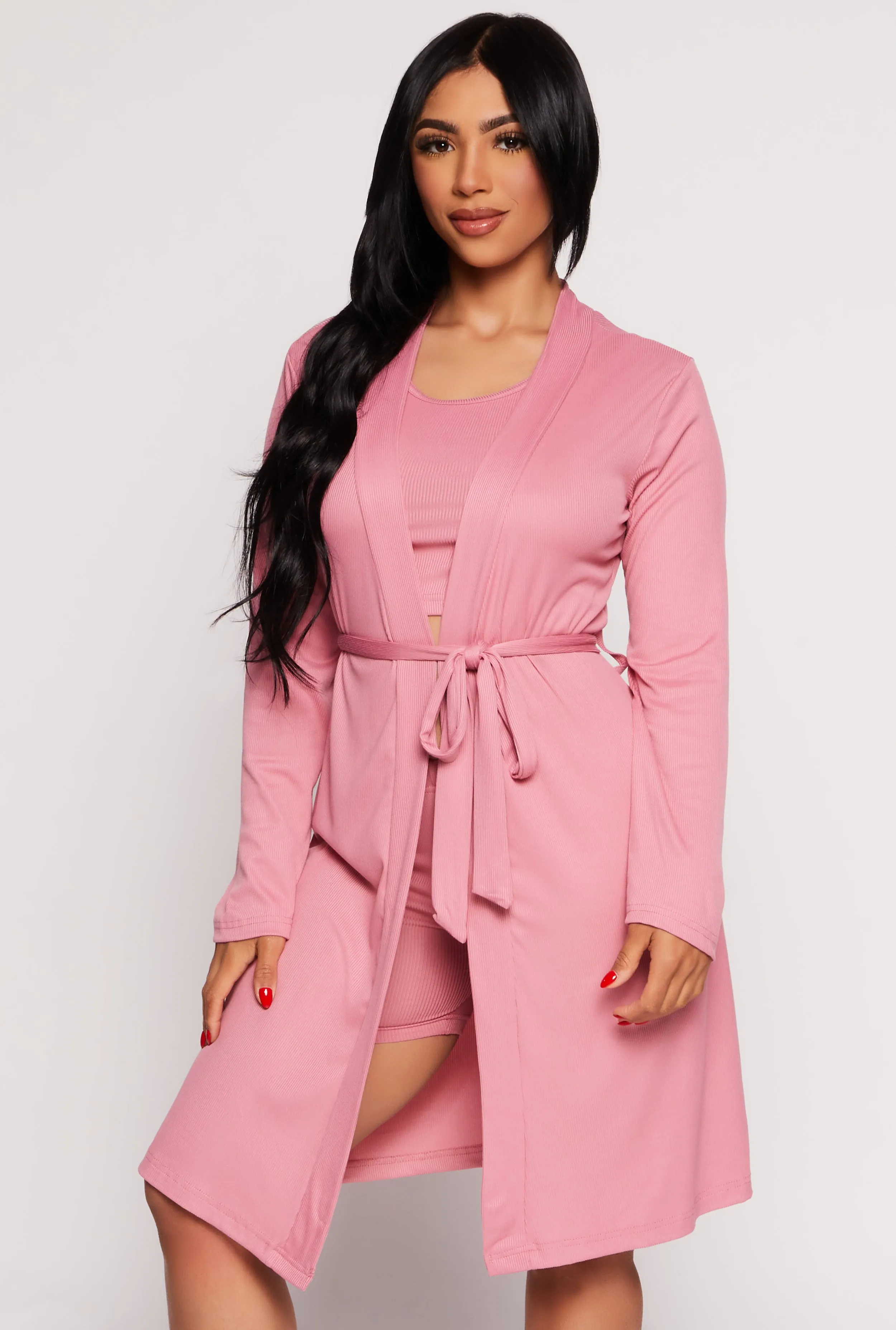 Ribbed Knit Cropped Pajama Tank Top and Shorts with Robe sold by Rainbow