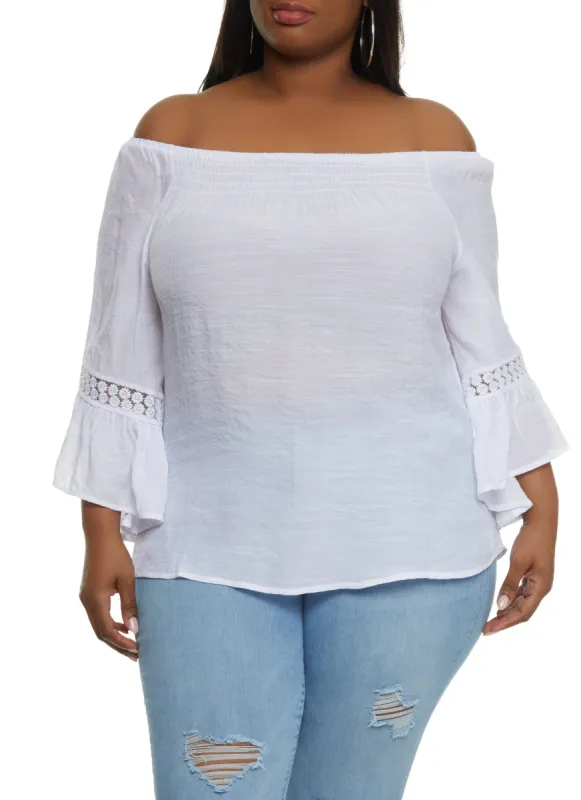 Plus Size Daisy Crochet Detail Bell Sleeve Blouse sold by Rainbow