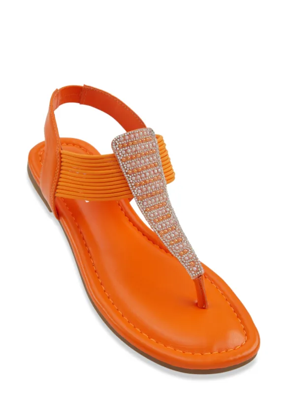 Rhinestone Faux Pearl Detail Corded Thong Sandals sold by Rainbow