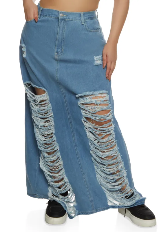 Plus Size Slashed Distressed Denim Maxi Skirt sold by Rainbow