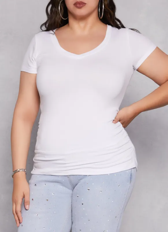 Plus Size Basic V Neck Ruched Side Tee sold by Rainbow