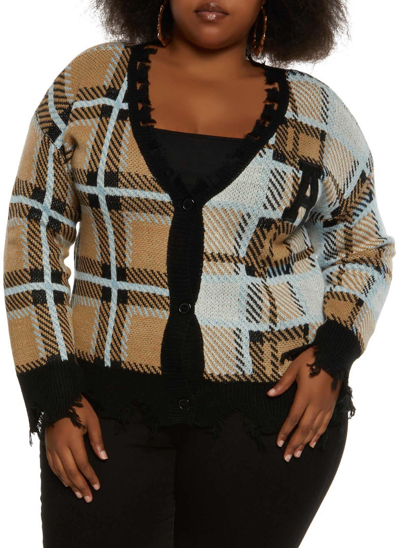 Plus Size Distressed Plaid Button Front Cardigan sold by Rainbow