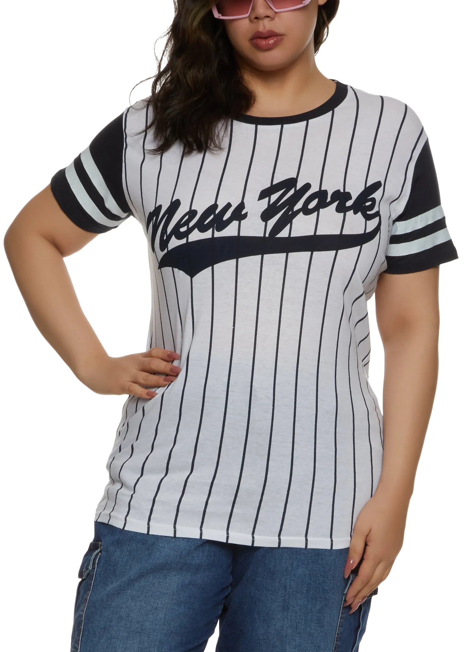 Plus Size New York Pinstripe Baseball T Shirt sold by Rainbow